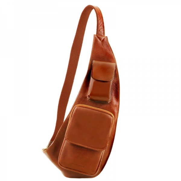 Leder Brusttasche mit Vortaschen honig