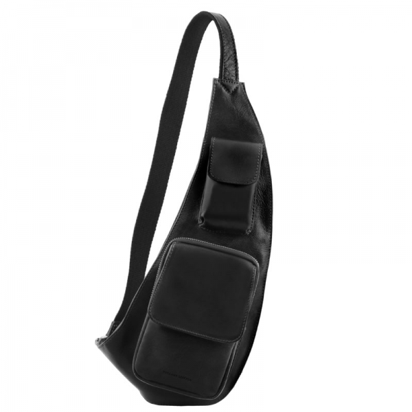 Leder Brusttasche mit Vortaschen schwarz