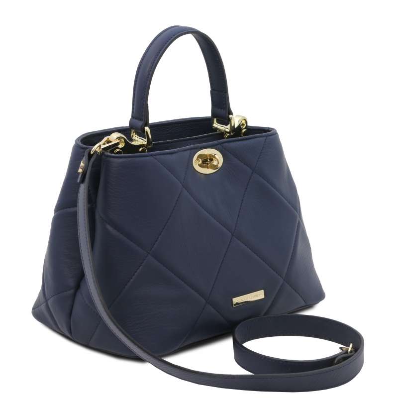 Leder-Handtasche im Stepp-Design Dunkelblau Leder-Handtasche im Stepp-Design Dunkelblau