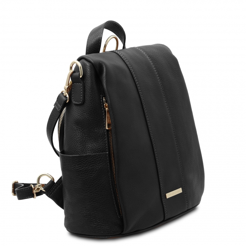 Leder-Rucksack Schultertasche schwarz seitenansicht Leder-Rucksack Schultertasche schwarz seitenansicht