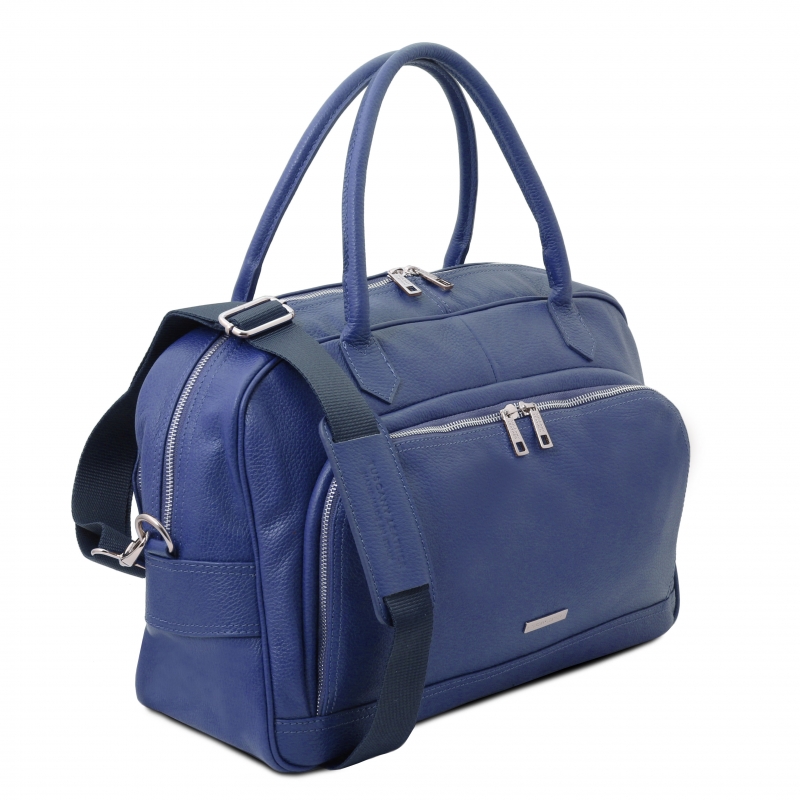 TL Voyager Reisetasche Leder Blau Seitenansicht TL Voyager Reisetasche Leder Blau Seitenansicht
