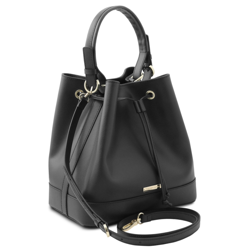 Beuteltasche "Minerva" Leder schwarz Seitenansicht Beuteltasche "Minerva" Leder schwarz Seitenansicht