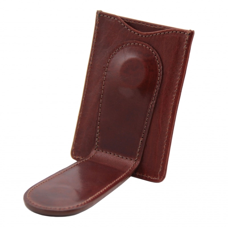 Leder-Etui für Karten mit Scheinklammer geöffnet Leder-Etui für Karten mit Scheinklammer geöffnet
