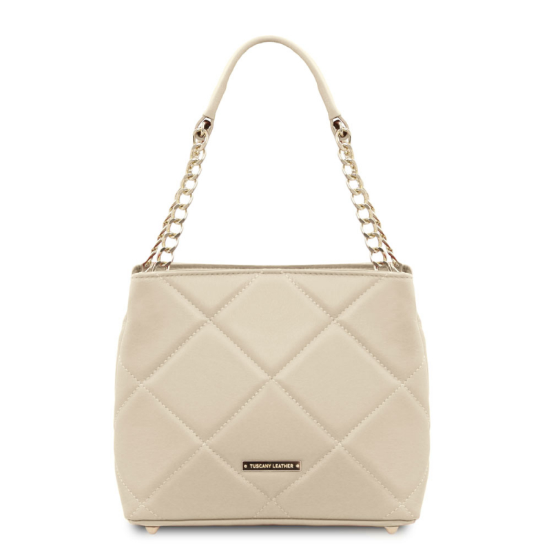 Beuteltasche Leder Steppdesign beige Beuteltasche Leder Steppdesign beige