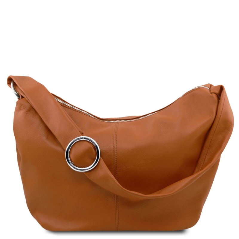 Leder-Beuteltasche Yvette cognac front Leder-Beuteltasche Yvette cognac front